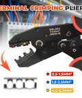 Killer Ratcheting Wire Crimper For 22-10 AWG Terminals, showing detailed crimping jaws with size markings for cable compatibility.