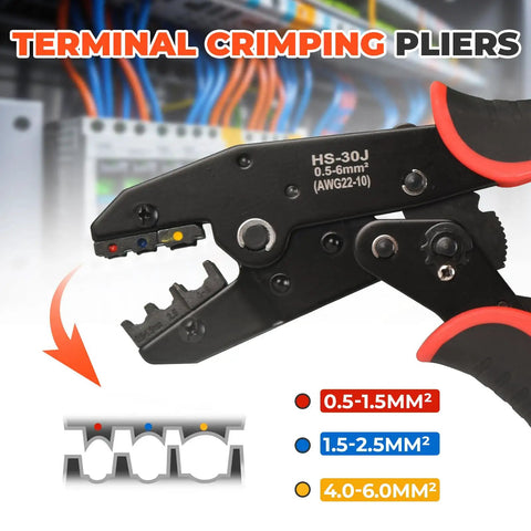 Killer Ratcheting Wire Crimper For 22-10 AWG Terminals, showing detailed crimping jaws with size markings for cable compatibility.