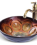 Super Sleek Gradient Round Vessel Sink For Bathroom Vanity Above Counter Tempered Glass Peacock Feather Pattern Smooth Finish Modern Luxury Wash Basin Dope Top Shelf with copper faucet.