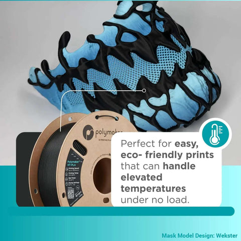 HT PLA Filament 1.75mm Black for 3D Printing displayed with a creative blue and black mask design, eco-friendly and heat resistant.