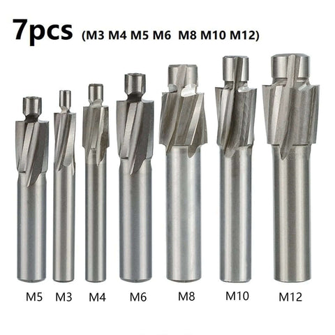 7-piece set of HSS counterbore end mills in M3-M12 sizes for CNC router use