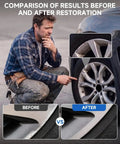Premium Wheel Touchup Paint For Bmw Jet Black Alloy Rims before and after rim restoration comparison with a man inspecting.