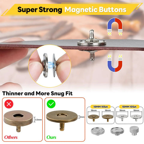 Close-up of magnetic button from 2-In-1 Leather Rivet and Magnetic Snap Fastener Kit With Pliers 180-Piece Set for DIY Repair.
