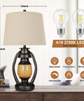 Set of 2 Rustic Farmhouse Table Lamps for Living Room and Bedroom, 3 Way Dimmable Touch Lamps with LED Lantern Night Light, USB Port