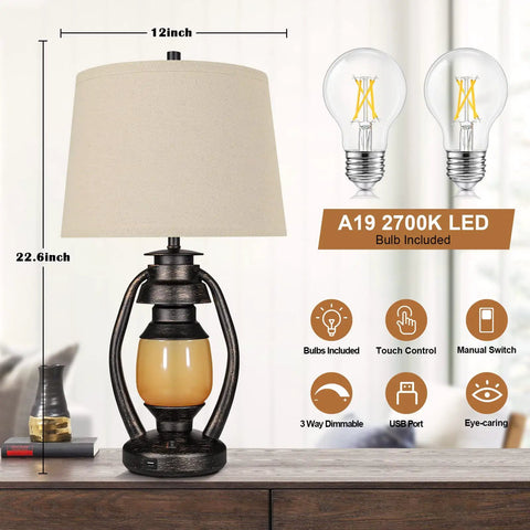 Set of 2 Rustic Farmhouse Table Lamps for Living Room and Bedroom, 3 Way Dimmable Touch Lamps with LED Lantern Night Light, USB Port