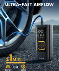 Image showing Portable Car Tire Inflator Air Compressor Cordless 150 PSI with digital gauge inflating a car tire.