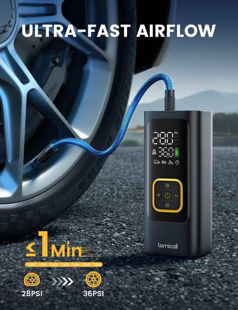 Image showing Portable Car Tire Inflator Air Compressor Cordless 150 PSI with digital gauge inflating a car tire.