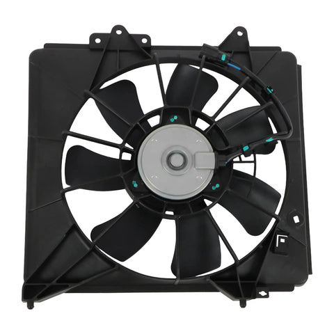 Direct Fit AC Condenser Cooling Fan Assembly Passenger Side Replacement For Honda Fit 2009 Through 2014 top view of black fan