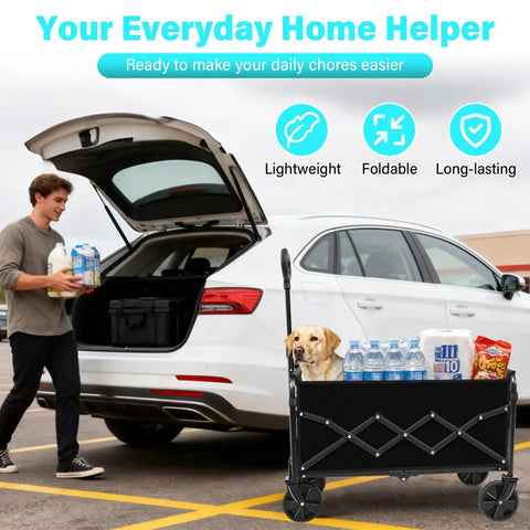 Foldable Wagon Cart With Wheels For Groceries, Picnics, Beach Trips And More, Heavy Duty Collapsible Utility Wagon, 360Lb Capacity, Jet Black in use outside a car