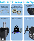 Heavy Duty 2 Inch Universal Locking Office Chair Casters 5 Pack With Brake And Includes Screwdriver; features include 360° rotation, max load 600 lbs, lock wheel and high-quality bearings.