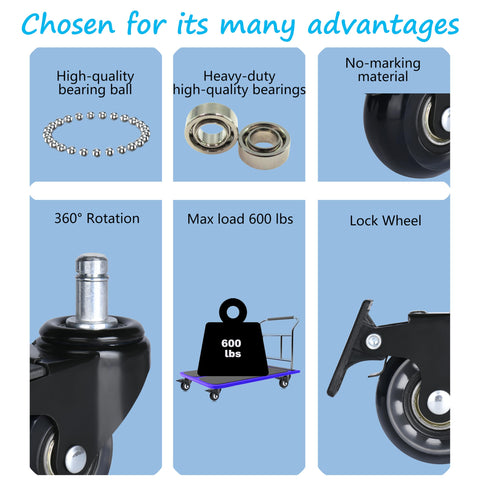 Heavy Duty 2 Inch Universal Locking Office Chair Casters 5 Pack With Brake And Includes Screwdriver; features include 360° rotation, max load 600 lbs, lock wheel and high-quality bearings.