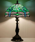 Tiffany Style Stained Glass Table Lamp With Green Dragonfly Shade, 12 Inch Shade And 19 Inch Tall Antique Bronze Reading Lamp, UL Listed