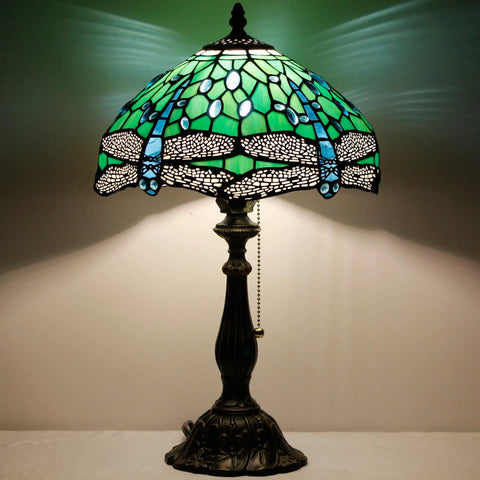 Tiffany Style Stained Glass Table Lamp With Green Dragonfly Shade, 12 Inch Shade And 19 Inch Tall Antique Bronze Reading Lamp, UL Listed