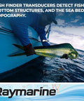 Angler holding fish on boat, emphasizing fish finder transducers and sea bed topography detection features.
