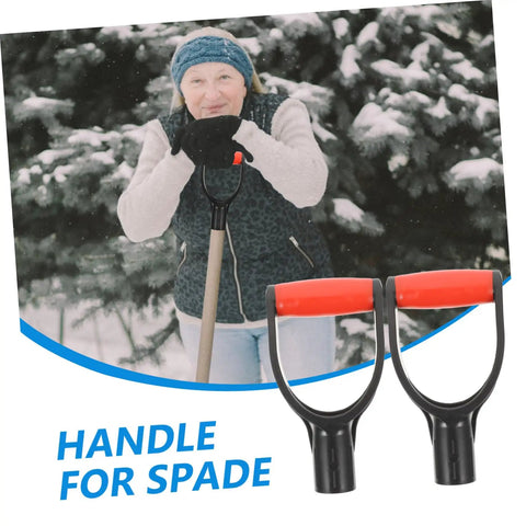 Two Pack D Shaped Shovel Handle Grips Replacement For Garden Tools shown with person using spade in snowy garden