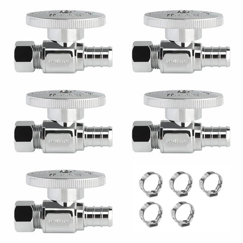 Built Tough Heavy Duty Chrome Plated Brass Straight Stop Valve One Half Inch PEX To Three Eighths Inch Compression Quarter Turn Shut Off Valve For Sink And Toilet Includes Five Stainless Steel Clamps Five Pack