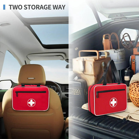 Portable First Aid Bag With Reflective Strips Empty Emergency Trauma Kit hanging in car and placed in rear compartment.