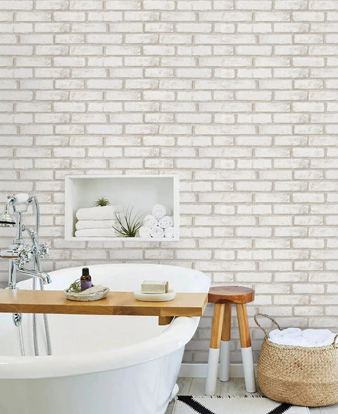 Peel And Stick Faux Brick Wallpaper Self Adhesive White And Beige Roll 17.7 By 472.4 Inches Removable Wall Covering in bathroom scene