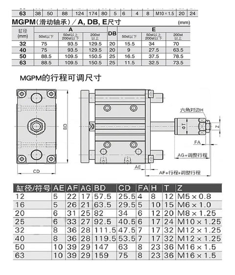 Heavy Duty Workhorse Adjustable Stroke Pneumatic Guide Cylinder With Three Axis Air Actuator And 32 To 50 Mm Bore Options dimensions and specifications chart
