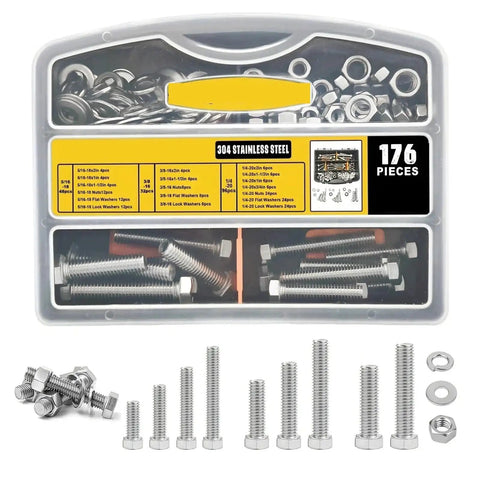176 Piece 304 Stainless Steel Hex Nuts And Bolts Assortment Kit With SAE Coarse Thread For DIY Home Workshop And Auto Repairs Durable Heavy Duty Pro Grade Hardware Set, case view