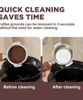 Real Deal Espresso Knock Box For Fast Coffee Ground Removal And Portafilter Cleanup Featuring Low Key Silent Operation. Before and after cleaning.