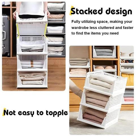 Five Pack Stackable Closet Storage Boxes With Lids, Durable Plastic Drawer Organizers for Wardrobe, showcasing stacked design