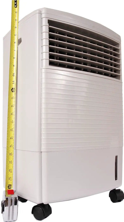 Portable Evaporative Air Cooler Humidifier Fan 10 Liter Tank Remote Control with measuring tape for size reference.
