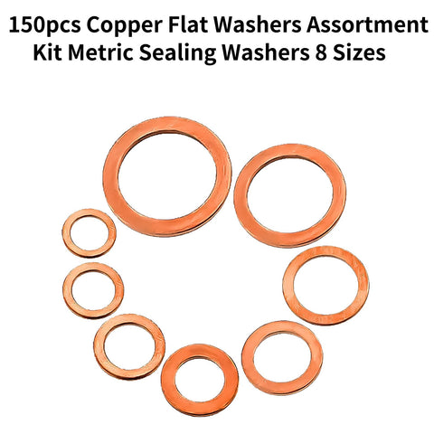 Copper Washers Set 150 Pcs Eight Sizes Sealing Flats M6 M20 shown arranged on white background