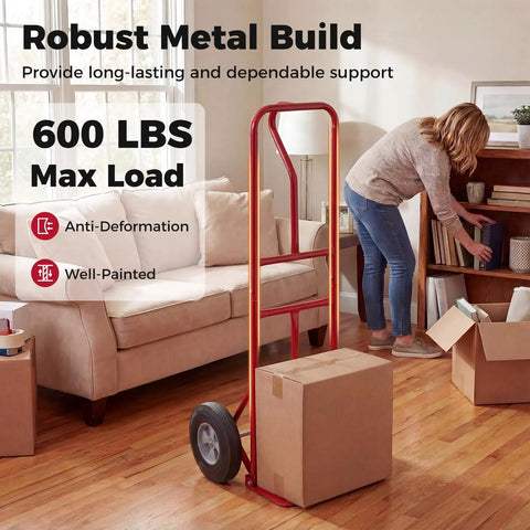 Heavy Duty Metal Hand Truck With 600 Pound Capacity And Ergonomic P Handle, shuffles a box on hardwood floors.