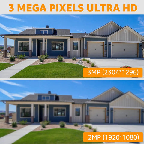 Comparison of house image quality between 3MP and 2MP for 2 Pack Light Bulb Security Camera System Wireless WiFi Outdoor With Audio 3MP Ultra Clear Picture Automatic Humanoid Tracking Full Color Night Vision No Fuss Easy Install Home Security Cameras