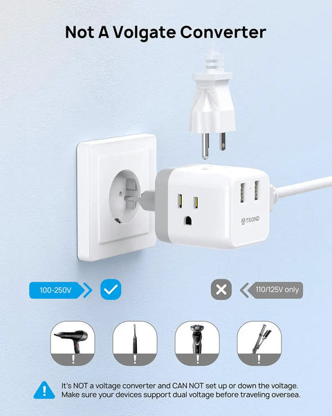 European Travel Plug Adapter With 3 Outlets And 2 USB Ports plugged into wall, white color, shows voltage compatibility details