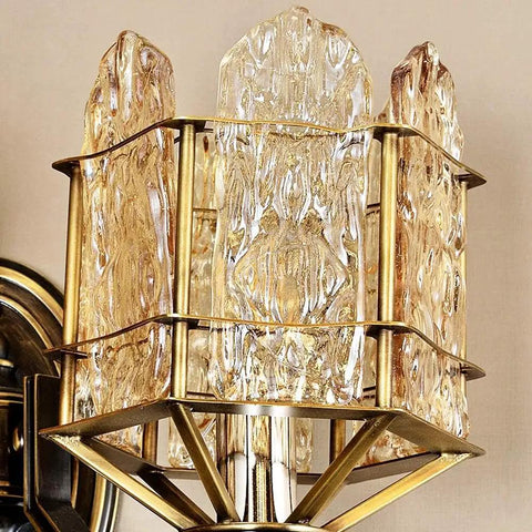 Solid Brass Wall Sconces With Glass Lantern, close-up detail showcasing the vintage style light's intricate glass design.