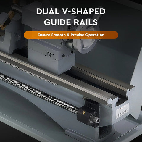 Dual V-shaped guide rails of CREWORKS 9 X 30 Mini Metal Lathe Machine ensure smooth and precise operation for threading and turning.