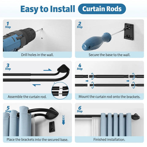 Installation steps for Black Double Curtain Rod With Wraparound Design Extends From 38 To 62 Inches Blackout Window Rod