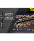 Gloved hand holding MH10 V2 Rechargeable Flashlight With 1200 Lumen Output, USB C Fast Charging, Side Switch, Ultra Compact Tactical EDC