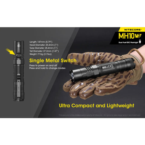 Gloved hand holding MH10 V2 Rechargeable Flashlight With 1200 Lumen Output, USB C Fast Charging, Side Switch, Ultra Compact Tactical EDC