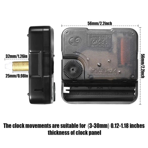 DIY Clock Repair Kit With Four High Torque Long Shaft Movements, dimensions labeled for wall or mantel clocks.