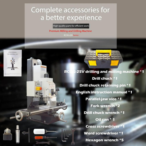 Precision Benchtop Drill And Mill Machine Featuring R8 Spindle Taper And 1.5HP Brushless Motor with accessories on display.