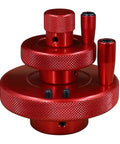 Close-up of Movable Red Hand Wheel For Machine Tools Round Rotating Hand Wheel With Sliding Table And Screw Lever Hand Wheel