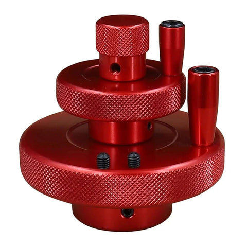 Close-up of Movable Red Hand Wheel For Machine Tools Round Rotating Hand Wheel With Sliding Table And Screw Lever Hand Wheel