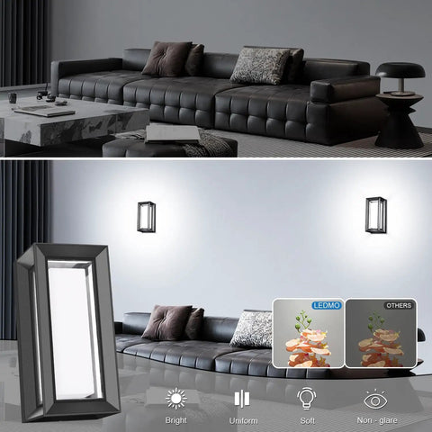 Outdoor Wall Light Set 1800 Lm 6000K Modern Black Exterior Porch Lights shown on a living room wall, highlighting uniform brightness.