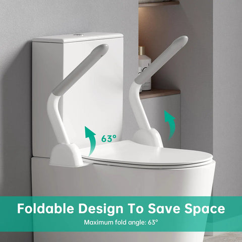 Thick Cast Iron Toilet Safety Rails For Seniors Featuring Slick Fold Handles And Non Slip Base showing foldable design with 63 degree angle.