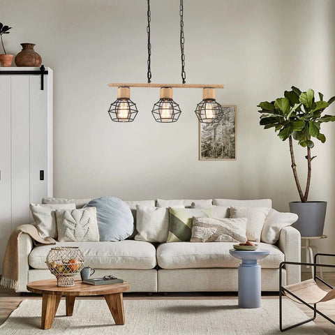 Farmhouse Three Light Bamboo Cage Pendant Light With Hemp Rope Accent Black Finish Dope Rustic Fixture in living room
