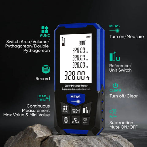 Pro Grade Laser Distance Meter 328ft with Dual Bubble Levels for Easy Indoor Outdoor Measuring, Perfect for Area, Volume and Pythagoras Calculations, Long Range Tool with Battery Included, front view