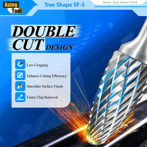 Tree shape SF-5 tungsten carbide burr by Asieg Tool, double-cut, 1/4in shank, 1/2in cutter on blue packaging.