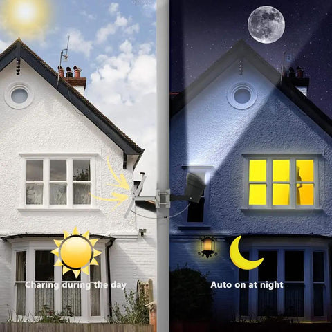 Brightest Solar Flag Pole Light 3 In 1 Design With Dual Brightness LED Outdoor Dusk To Dawn Spotlight illuminating house, day and night view