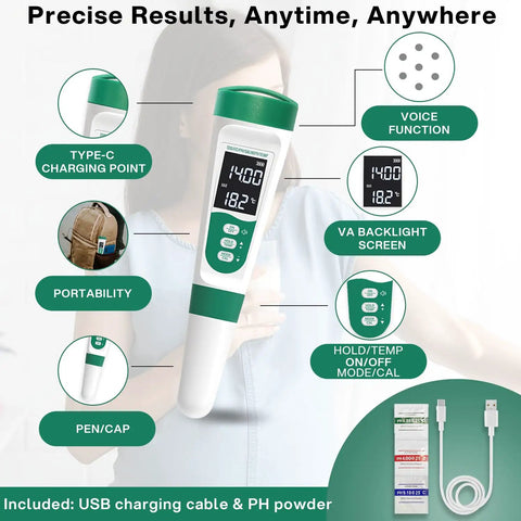5 In 1 Digital PH Meter With Voice Function For Easy Water Quality Testing Including PH TDS EC Salinity And Temperature Waterproof Rechargeable Pen Built For Pools Aquariums Hydroponics And More, showing features and accessories