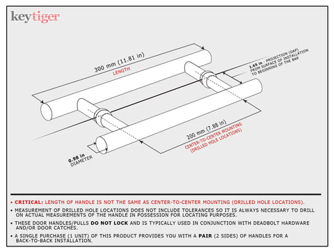 Diagram of 12 Inch Two Sided Stainless Steel Matte Black Door Handle Pull For Modern Front Doors And Glass Entrances Double Sided Pull Bar For Commercial Sliding Barn Interior And Exterior Use Pro Grade Built To Last with measurements.