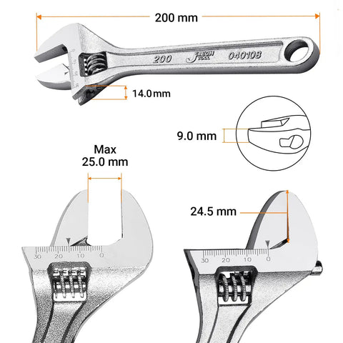 8 Inch Adjustable Wrench With Wide 30mm Opening CRV Steel Construction Metric Scale Built Tough For Home Garage Workshop And DIY