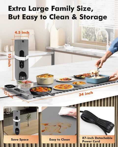 Roll Up Food Warmer Mat With 15W Wireless Charger And Quick Heat, 34 by 15 Inch Extra Large Buffet Warmer For Parties in use on kitchen counter